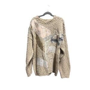 Karen‎ Scott Sweater Medium Textured Knit Floral Patchwork Beige Boho Inspired
